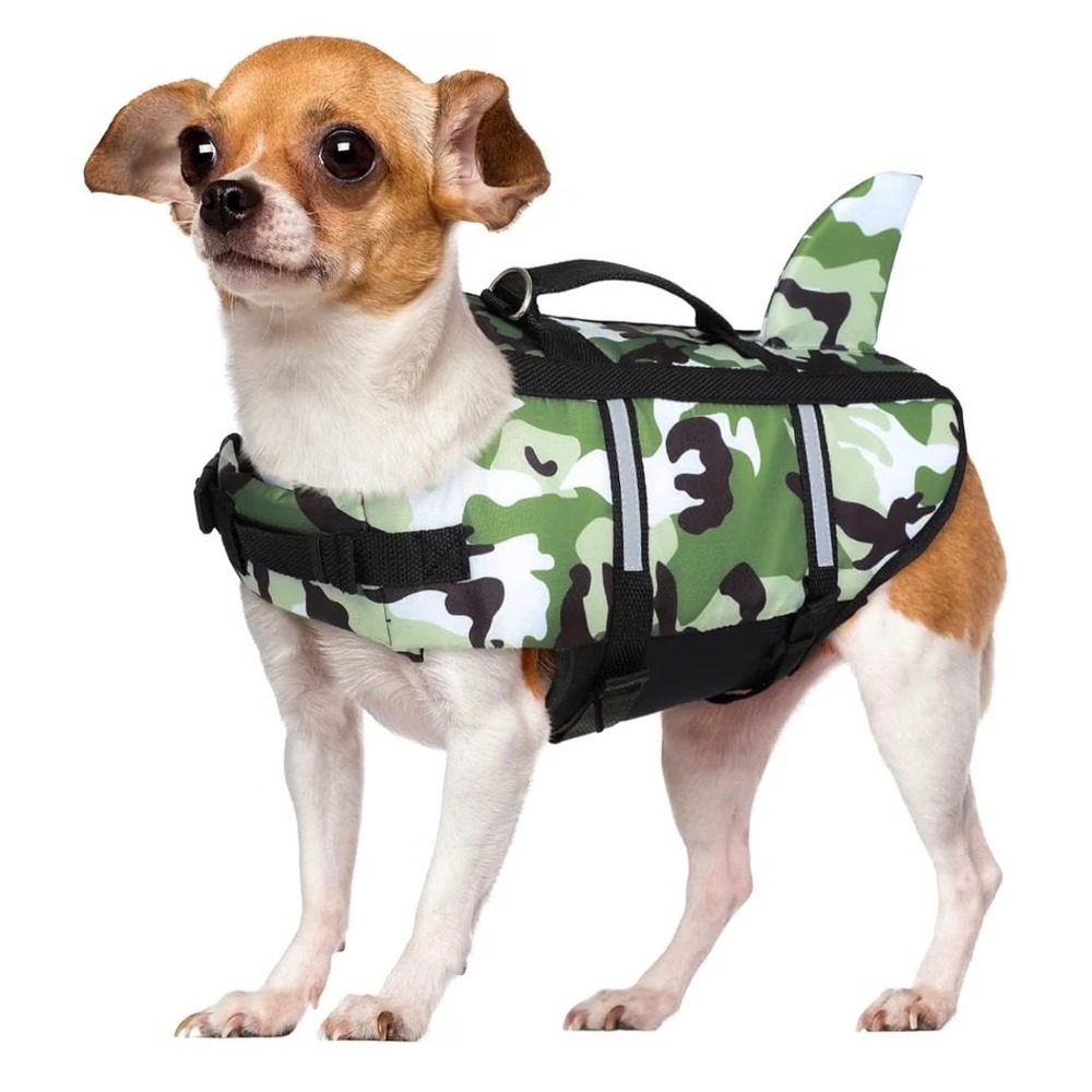 Green Camo Shark Fin Dog Life Jacket Small Reflective Pet Safety Vest Handle